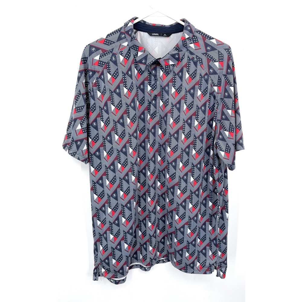 UNRL Mens Athletic Fit Polo Shirt XL Patriotic Geometric Print Short Sleeve